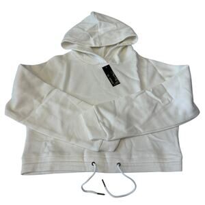 SJL Apparel Women's Cropped Hooded Sweatshirt Size S Ivory Drawstring Waist NWT